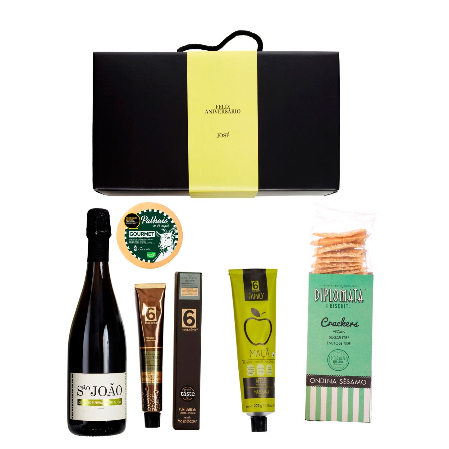 Cabaz Feliz Aniversário | Experiência Gastronómica n. 3 | Personalizável. Sabores de Portugal num presente de aniversário gourmet que todos amam receber. meia.dúzia® Sabores de Portugal, prendas de aniversário gourmet